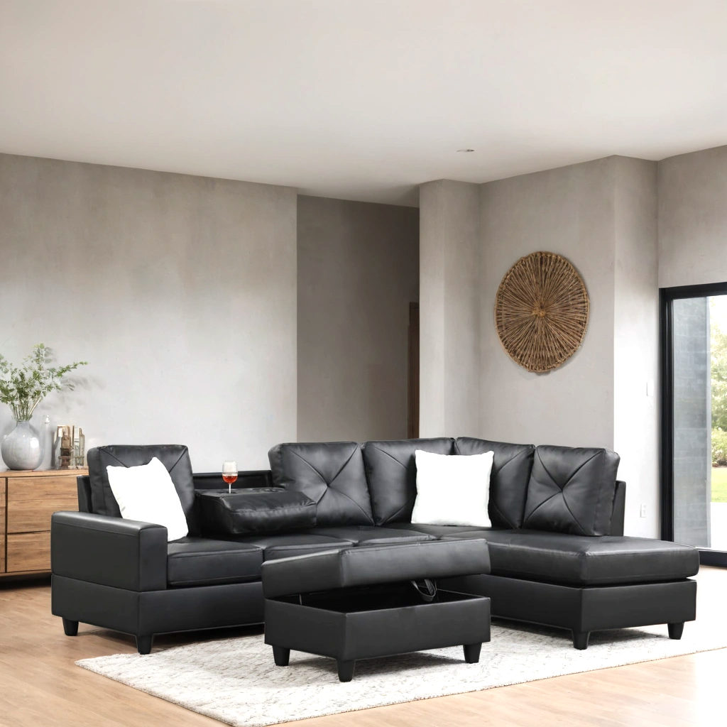 PU Reversible Sectional (Black), FREE Same Day Delivery