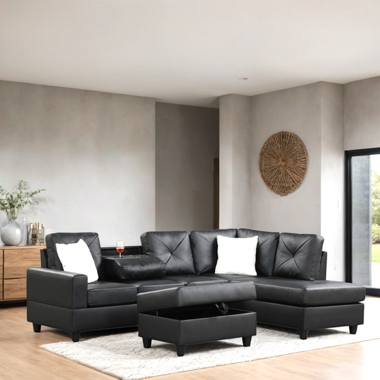 PU Reversible Sectional (Black), FREE Same Day Delivery